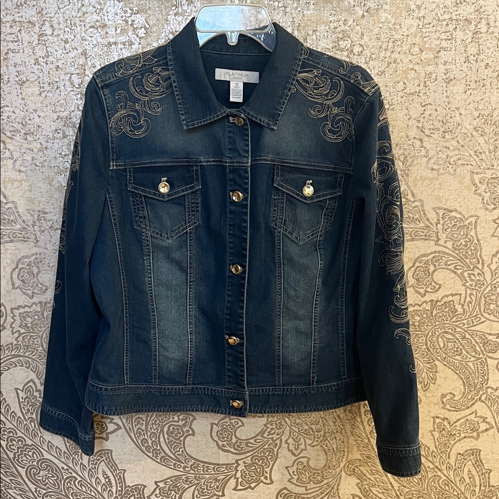 Chico's Dark Blue Embroidered Jean Jacket
